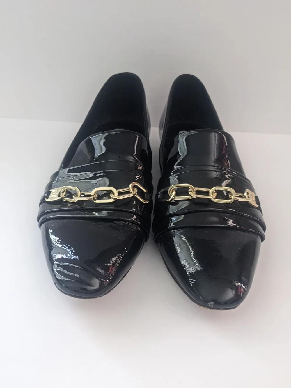Karl Lagerfeld Black Patent Loafers with Gold Chain 7.5